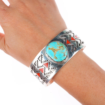 7" LH Navajo sterling silver coral flush inlay turquoise cuff bracelet