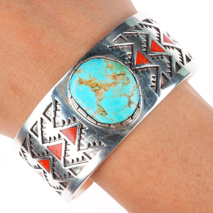 7" LH Navajo sterling silver coral flush inlay turquoise cuff bracelet