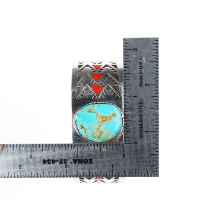 7" LH Navajo sterling silver coral flush inlay turquoise cuff bracelet