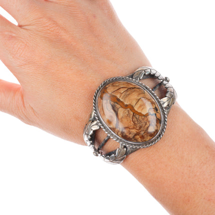 6.2" vintage Chester Kahn Navajo sterling silver picture jasper cuff bracelet