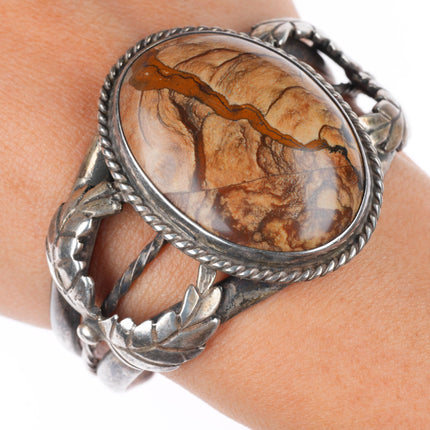 6.2" vintage Chester Kahn Navajo sterling silver picture jasper cuff bracelet