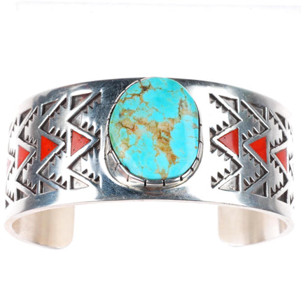7" LH Navajo sterling silver coral flush inlay turquoise cuff bracelet