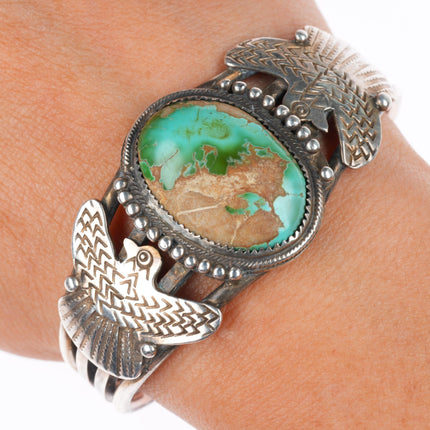 6.25" 40-50's Navajo sterling silver thunderbird cuff bracelet Royston turquoise