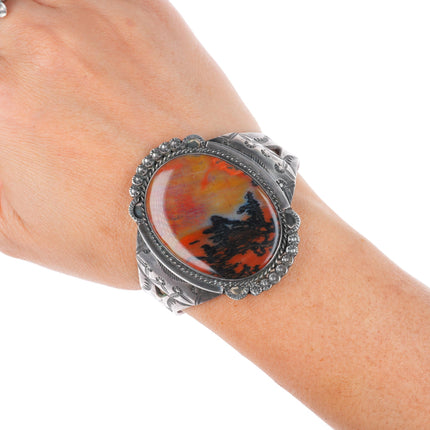 6.4" 40-50's Navajo nicely stamped sterling silver petrified wood cuff bracelet