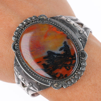 6.4" 40-50's Navajo nicely stamped sterling silver petrified wood cuff bracelet