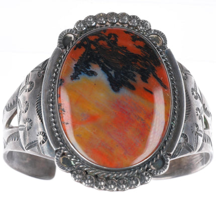 6.4" 40-50's Navajo nicely stamped sterling silver petrified wood cuff bracelet