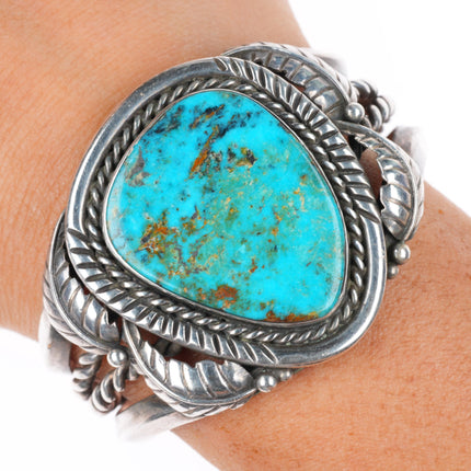 5.7" vintage Navajo sterling silver heavy cuff bracelet with nice turquoise