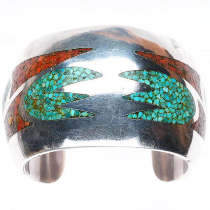 6.25" vintage Navajo sterling silver chip inlay turquoise heavy cuff bracelet