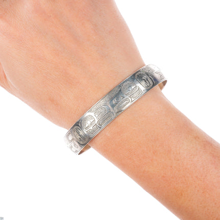 7.25" Ria Northwest coast sterling silver hand carved/etched cuff bracelet