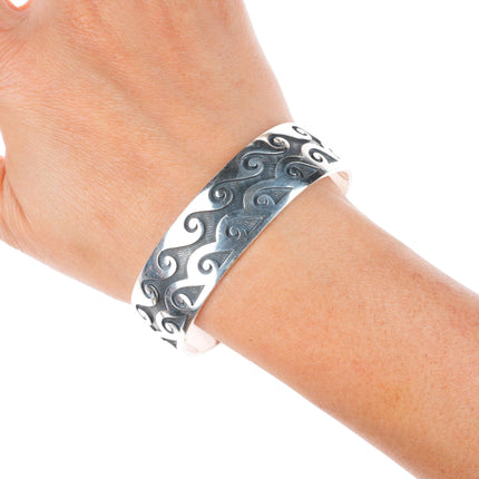 7.2" Mark Tawahongva Hopi overlay water/wave sterling silver cuff bracelet