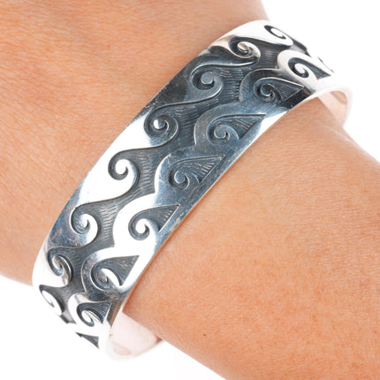 7.2" Mark Tawahongva Hopi overlay water/wave sterling silver cuff bracelet