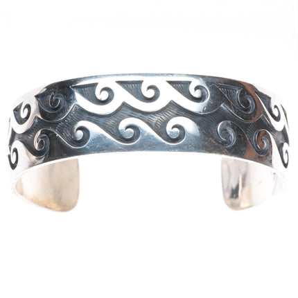 7.2" Mark Tawahongva Hopi overlay water/wave sterling silver cuff bracelet