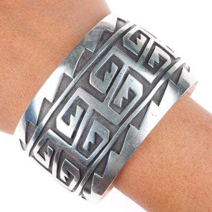 7.2" Heavy vintage Navajo geometric sterling silver cuff bracelet overlay style
