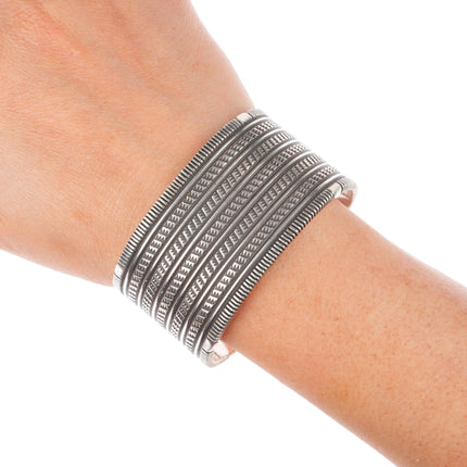 6.4" Pat Bedoni Navajo deep stamped/chiseled heavy sterling silver cuff bracelet