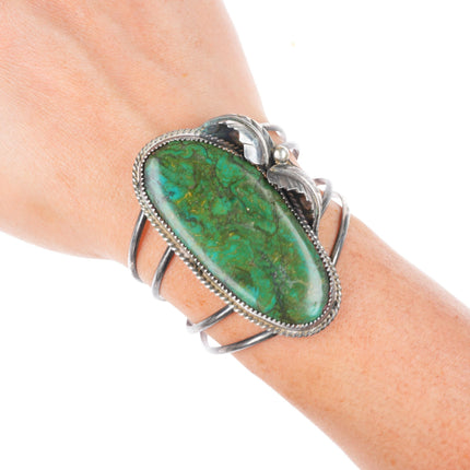 6.2" vintage Navajo sterling silver large green turquoise cuff bracelet