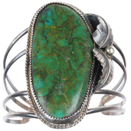 6.2" vintage Navajo sterling silver large green turquoise cuff bracelet