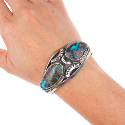 6.4" vintage Bisbee turquoise Navajo sterling silver cuff bracelet