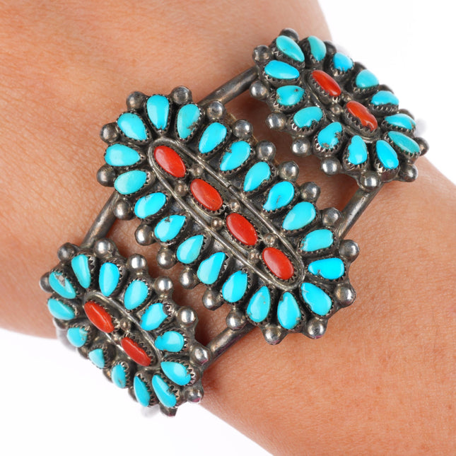 6.4" c1950's vintage Zuni sterling silver turquoise and coral cuff bracelet
