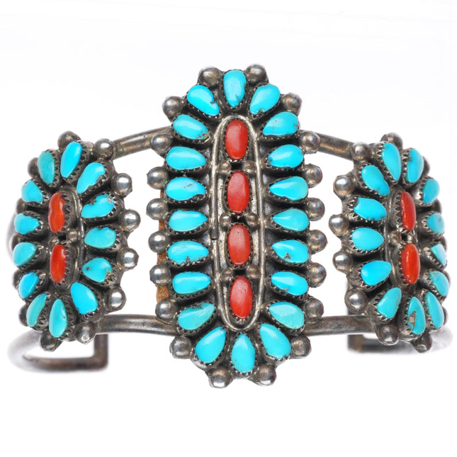 6.4" c1950's vintage Zuni sterling silver turquoise and coral cuff bracelet