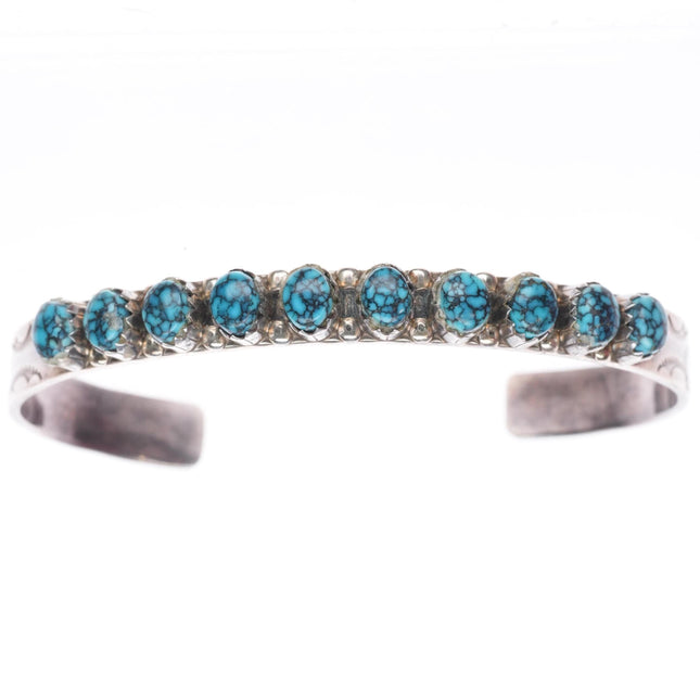 6.5" H.M Coonsis Zuni sterling silver spiderweb turquoise row cuff bracelet