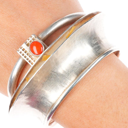 6.4" Cheyenne Harris Navajo 24k gold-Sterling silver-coral cuff bracelet