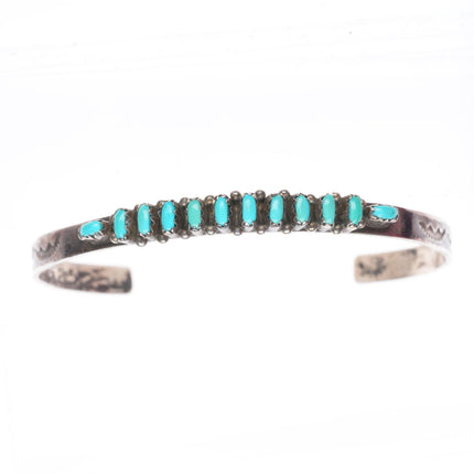 6.75" vintage Zuni sterling silver stamped needlepoint turquoise cuff bracelet