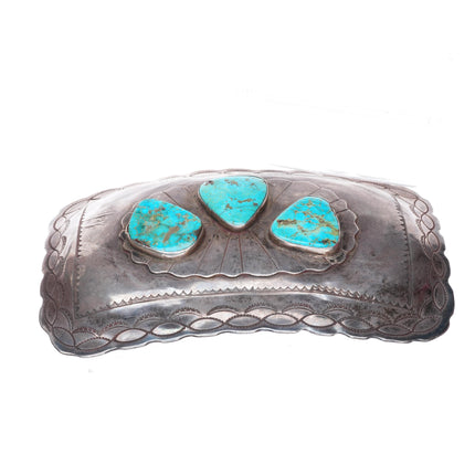 Huge 1940's-50's Navajo turquoise stamped sterling silver buckle for 2" belt