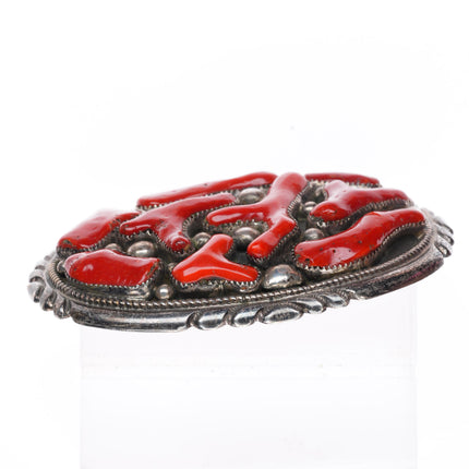 Large Robert & Bernice Leekya Zuni coral sterling silver buckle for 1.5" belt