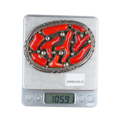 Large Robert & Bernice Leekya Zuni coral sterling silver buckle for 1.5" belt