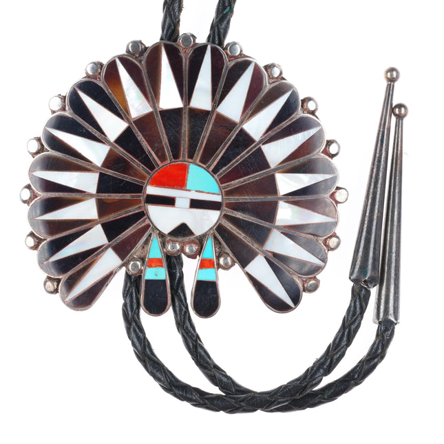 Vintage Anna Tekala Zuni sterling silver turquoise/coral/shell inlay bolo tie