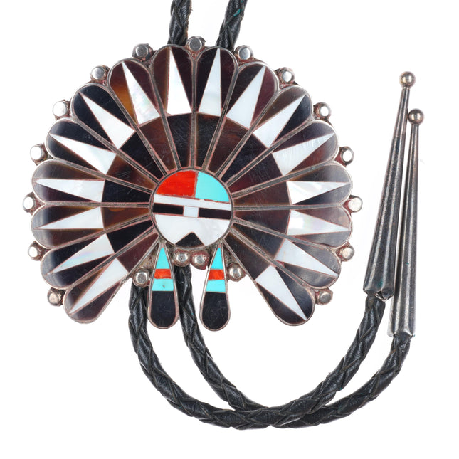 Vintage Anna Tekala Zuni sterling silver turquoise/coral/shell inlay bolo tie