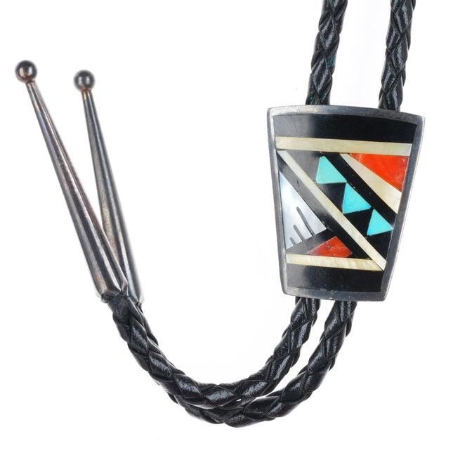 Vintage Zuni intarsia inlay turquoise and coral sterling silver bolo tie