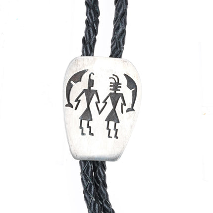 Vintage Navajo Kachina dancers sterling silver bolo tie overlay style