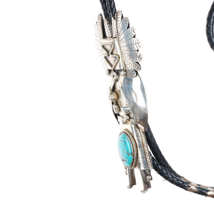 Huge vintage Navajo sterling silver Kachina bolo tie with turquoise