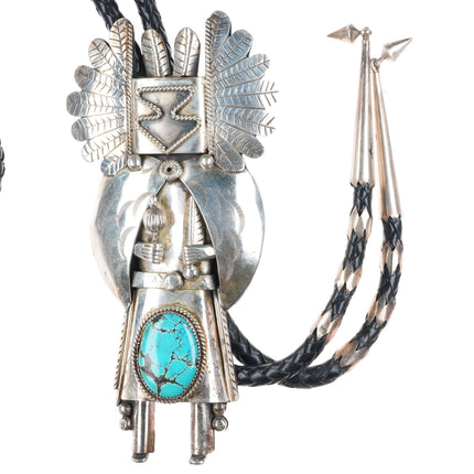 Huge vintage Navajo sterling silver Kachina bolo tie with turquoise