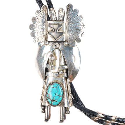 Huge vintage Navajo sterling silver Kachina bolo tie with turquoise