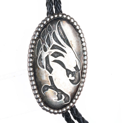 Les Peone Native American sterling silver bolo tie with eagle/talons