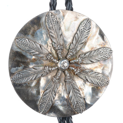 Big vintage Native American sterling silver feather design bolo tie