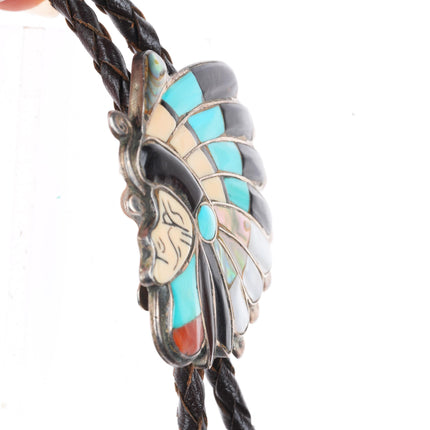 Vintage Zuni sterling silver Indian Chief turquoise/stone/shell inlay bolo tie