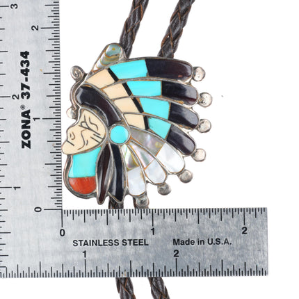 Vintage Zuni sterling silver Indian Chief turquoise/stone/shell inlay bolo tie