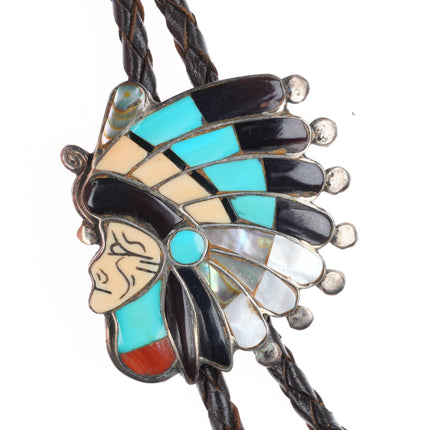 Vintage Zuni sterling silver Indian Chief turquoise/stone/shell inlay bolo tie