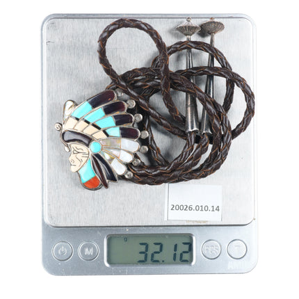 Vintage Zuni sterling silver Indian Chief turquoise/stone/shell inlay bolo tie