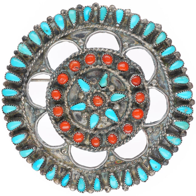 1940's-50's vintage Zuni sterling silver petit point turquoise/coral pin Pendant