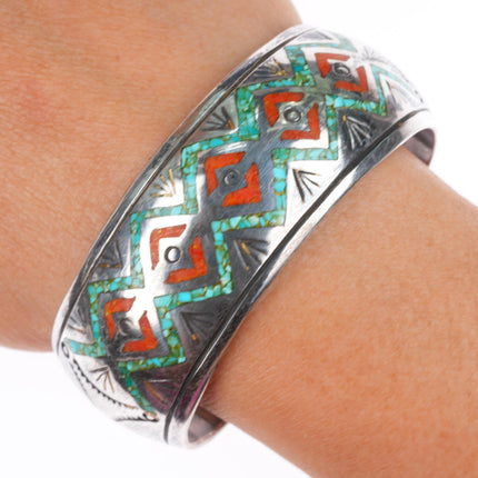 6.4" vintage JPJ Navajo sterling silver chip inlay turquoise cuff bracelet