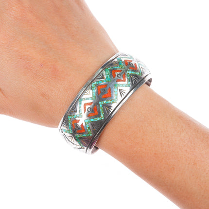6.4" vintage JPJ Navajo sterling silver chip inlay turquoise cuff bracelet