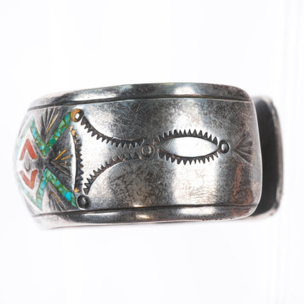 6.4" vintage JPJ Navajo sterling silver chip inlay turquoise cuff bracelet
