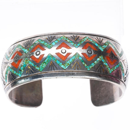 6.4" vintage JPJ Navajo sterling silver chip inlay turquoise cuff bracelet