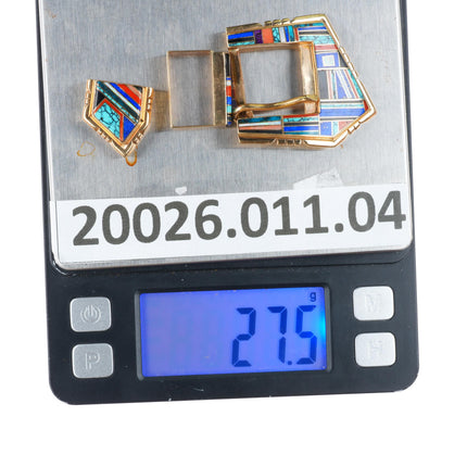 Tom David Navajo 14k gold turquoise-coral-lapis inlay ranger buckle 3/4" belt