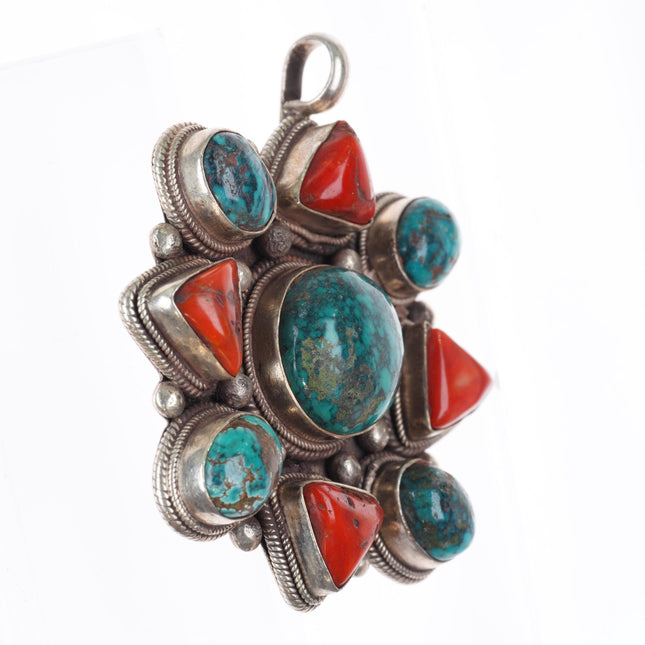 Nice Nepalese sterling silver turquoise and coral cluster necklace pendant