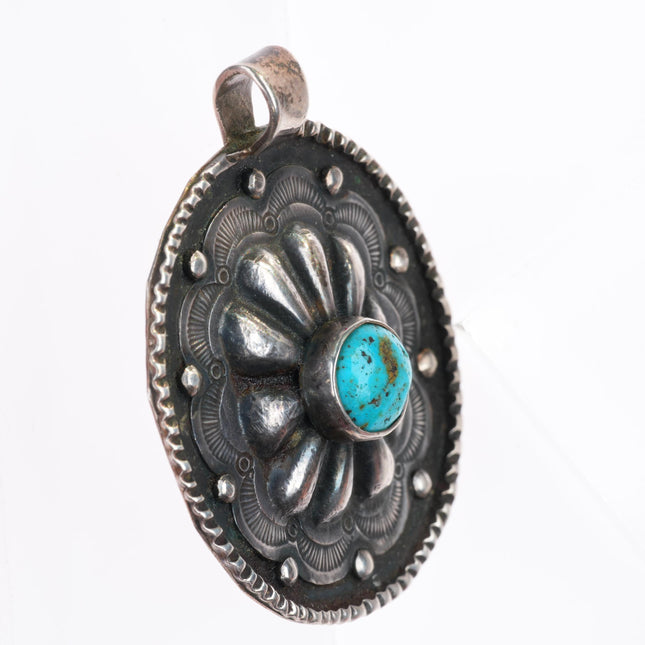 Allen Pooyouma Hopi deep stamped sterling silver pendant with turquoise
